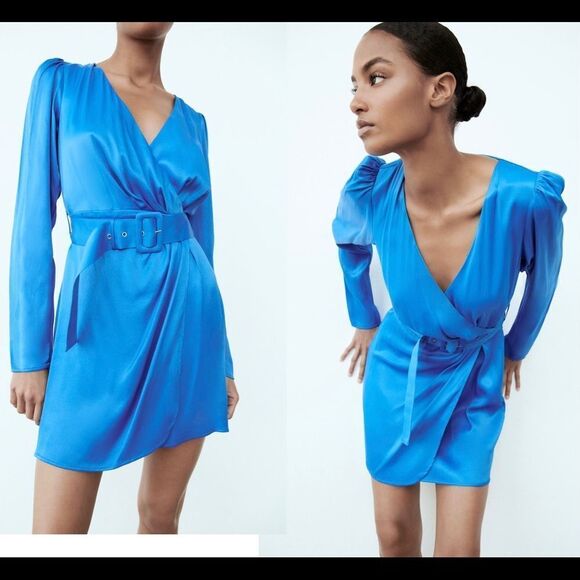 Zara blue v-neck wrap front long sleeve satin effect dress Sz M - Picture 2 of 11